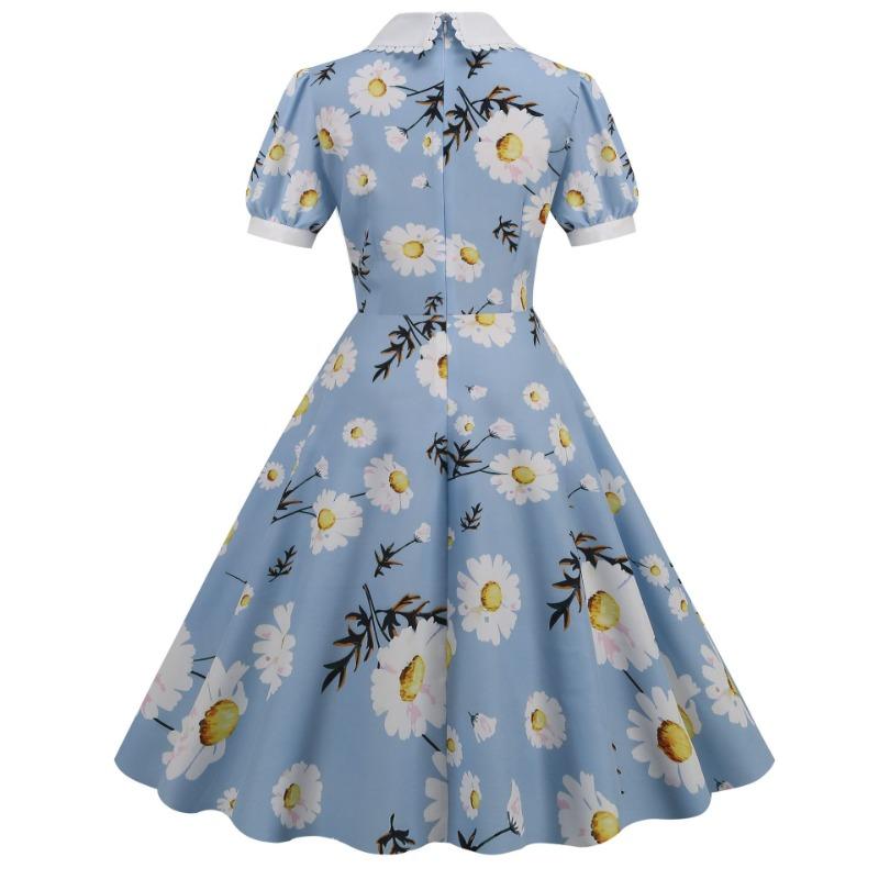 Women's Clothing Supply Summer Blue Bundle Neck Doll Collar Short Sleeve Retro Medium and Long Dress Printed Dress