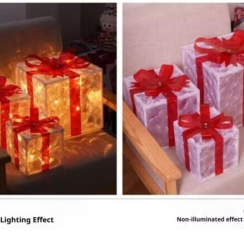 3pcs Lighted Christmas Gift Box Set with Warm LED Lights & Snowy Ribbon Bows  Cordless Holiday Decor (Batteries Not Includ)