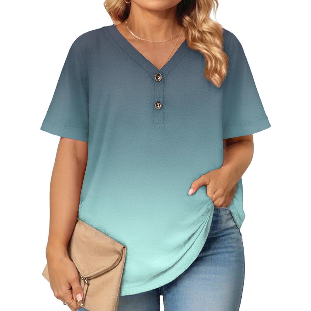Women's Fashion Casual Printed V-Neck Short Sleeve Large Size T-Shirt Top