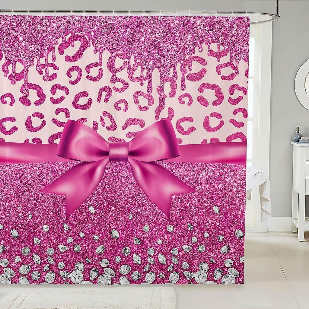 Pink Bowknot Glitter Shower Curtain Abstract Leopard Cheetah Zebra Skin Girls Women Bow-tie Shining Diamond Bathroom Curtain