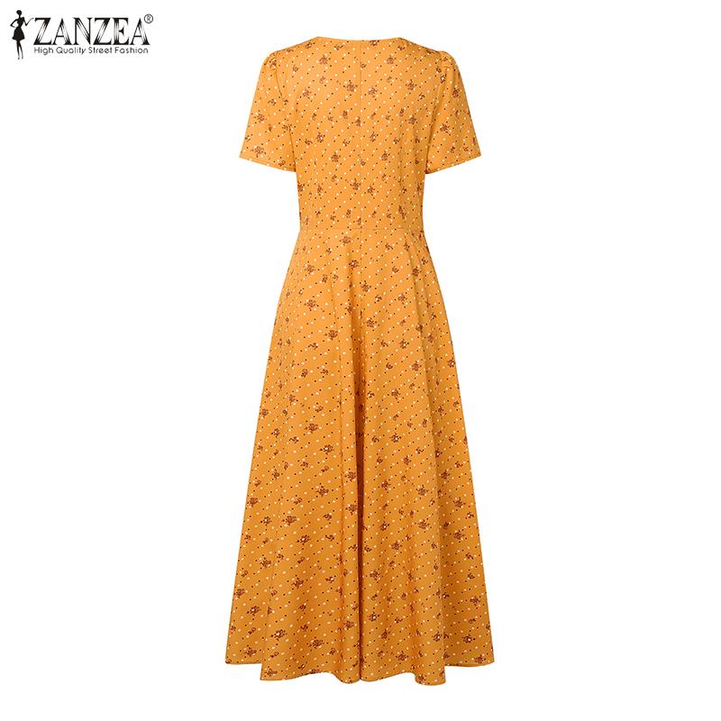 ZANZEA Women Lace Splice Square Neck Casual Short Sleeve Print Dress