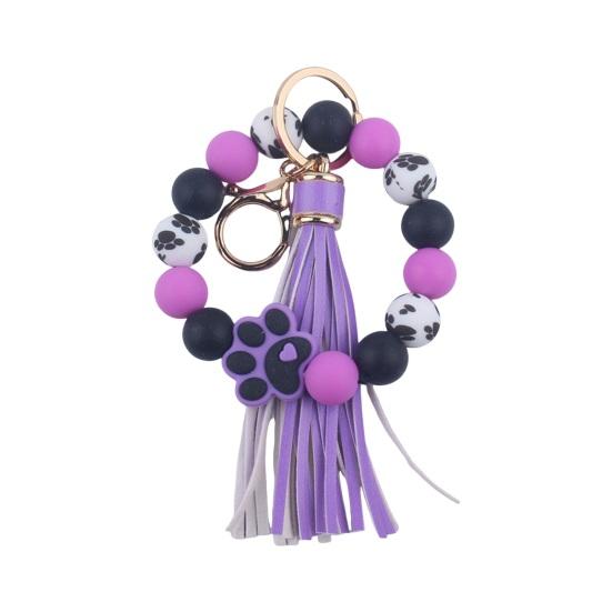 Silicone Beaded Bracelet Keychain Dog Paw Pattern Wrist Keychain with Faux Leather Tassel Charm