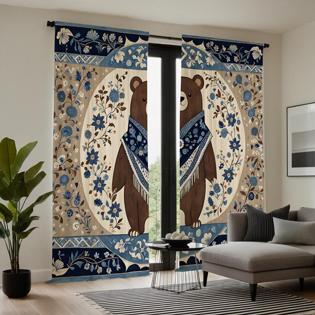 2pcs HD National Wind Floral Bear Decorative Curtain Blue Digital Printed Curtain Home Decoration Style Decoration Living Roo