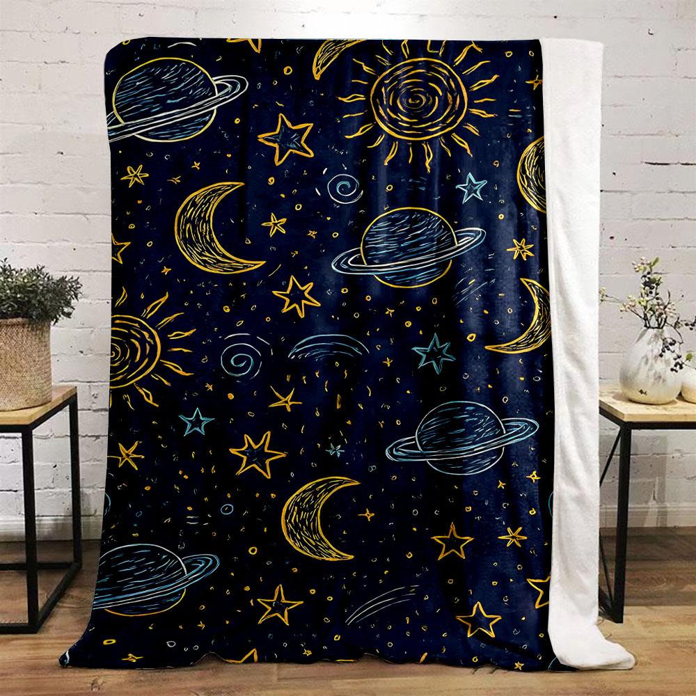 "Planet and Stars Galaxy Pattern Design" Patterned flannel blanket perfect for the bedroom living room, sofa, or a little nap