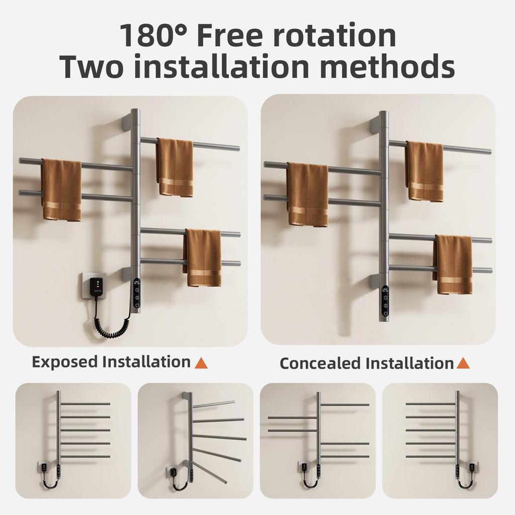 SIOYIE Electric Heated Towel Rack, Rotating Towel Warmer, Smart Bathroom Radiator, Plug-In/Hardwired Heater