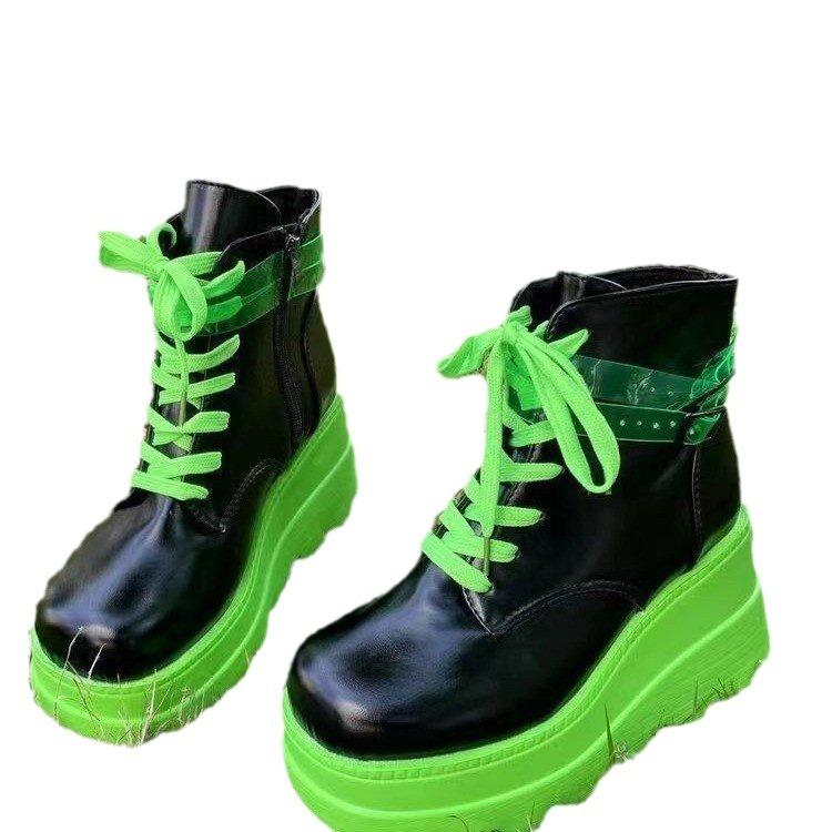 Thick-bottomed popular European and American muffin and colorful high-top lace-up one-word buckle casual large-size women's boots