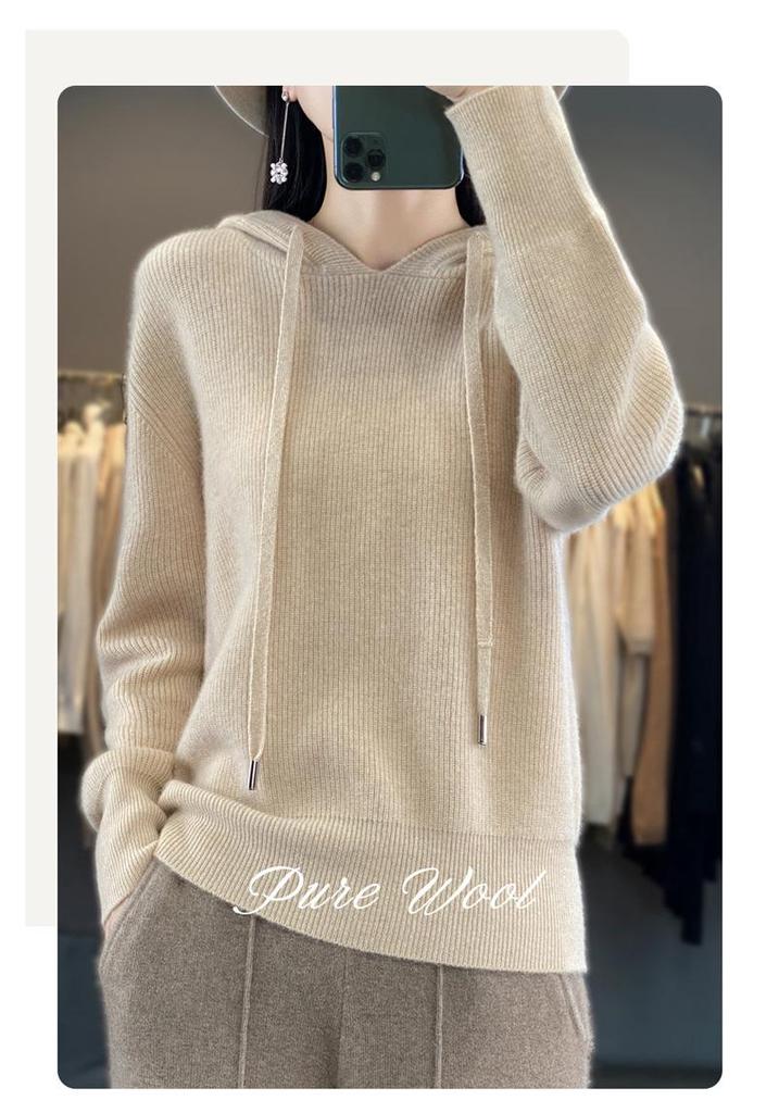 Women's Pure Wool Loose Knit Hoodie - Solid Color, Long Sleeve, Drawstring Hood, Casual Fashion Warm Pullover