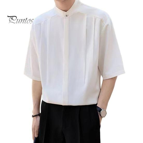 

Мужская летняя рубашка с воротником-стойкой из ледяного шелка, сплошной цвет, плиссированный свободный крой, кардиган с половиной рукавов, средней длины, повседневный деловой зрелый мужской офисный топ M белый