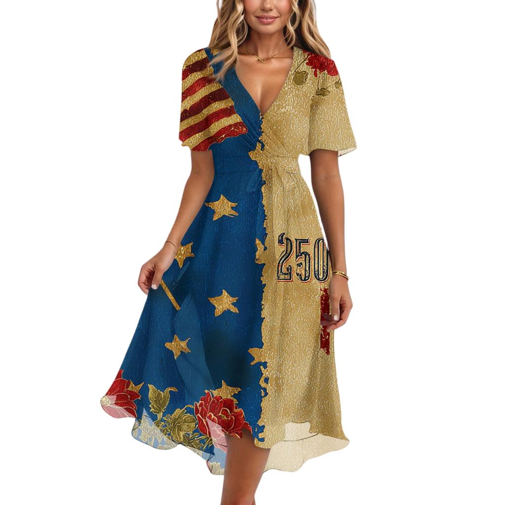 Women's Fashionable Casual V-neck Short-sleeved Independence Day Printed Dress