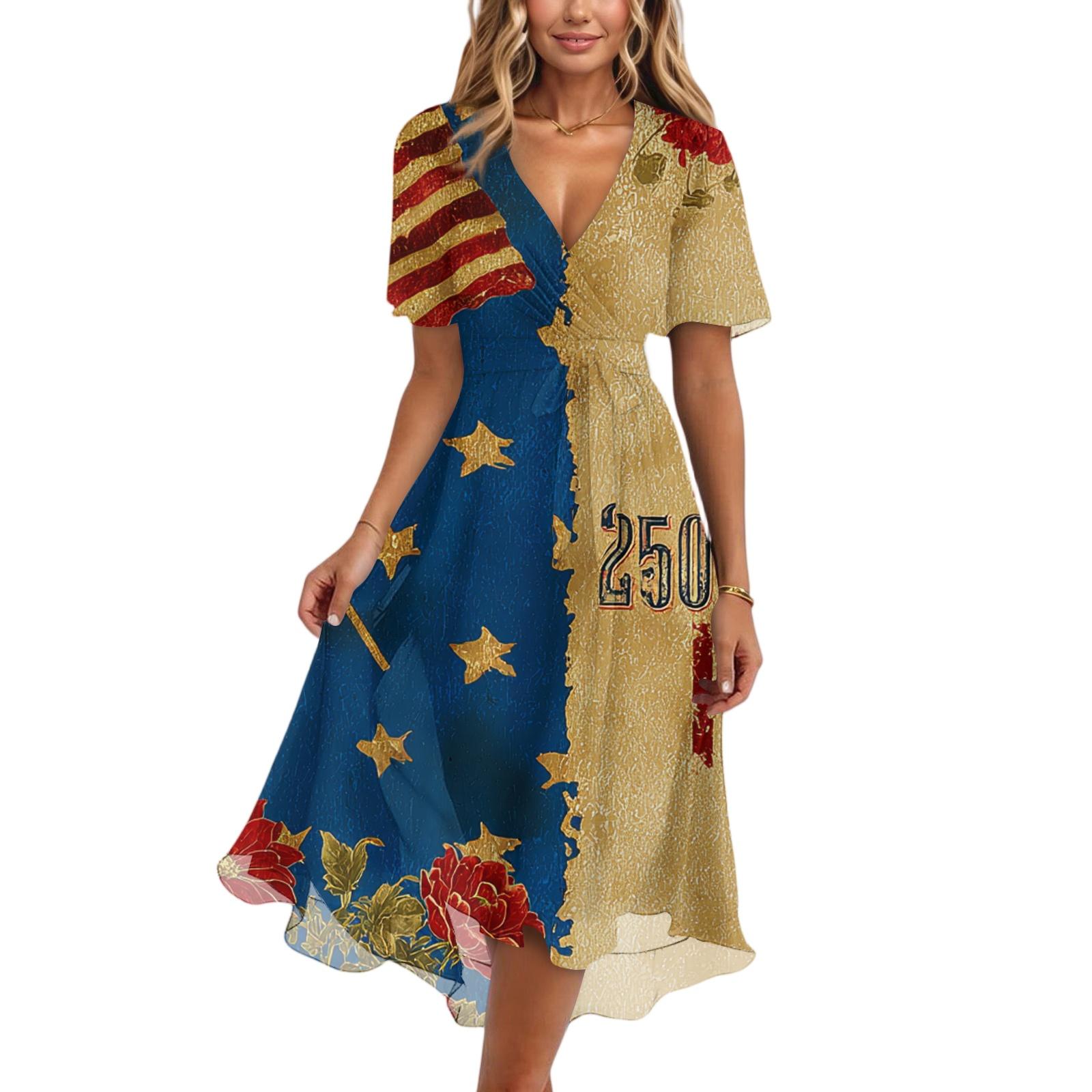 

Women s fashionable casual V-neck short-sleeved Independence Day printed dress M