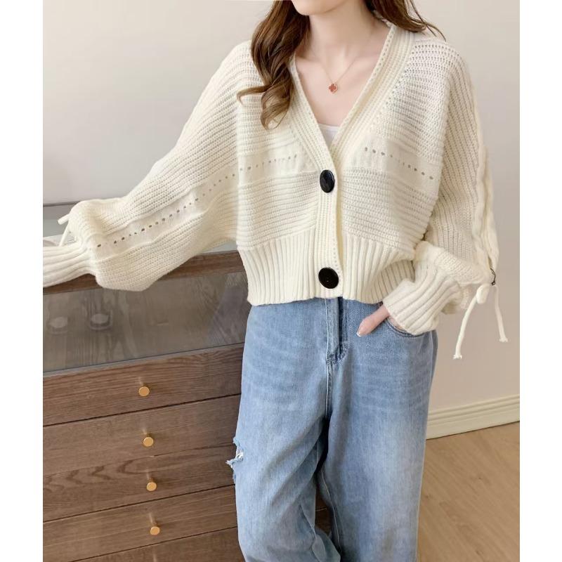 Autumn and winter new casual loose V-neck knitted cardigan sweater women's long-sleeved bow tether short top