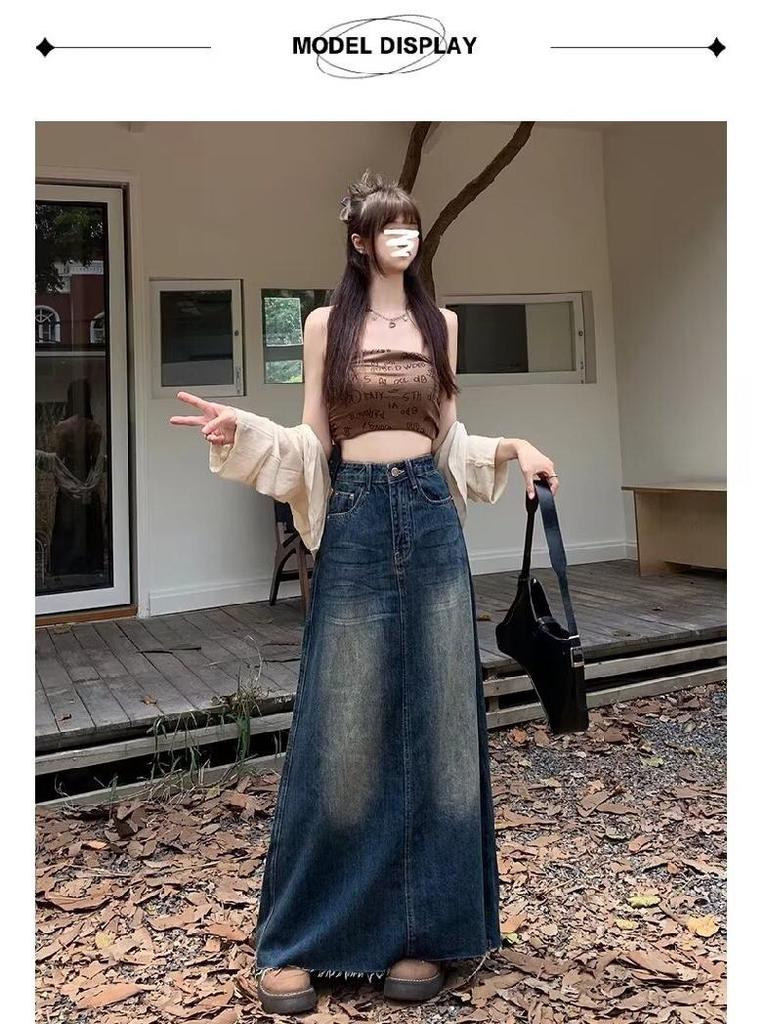 2407 Damen A-Linien-Rock aus distressed gewaschenem Denim - Retro Slim Long Fit für Frühling und Herbst