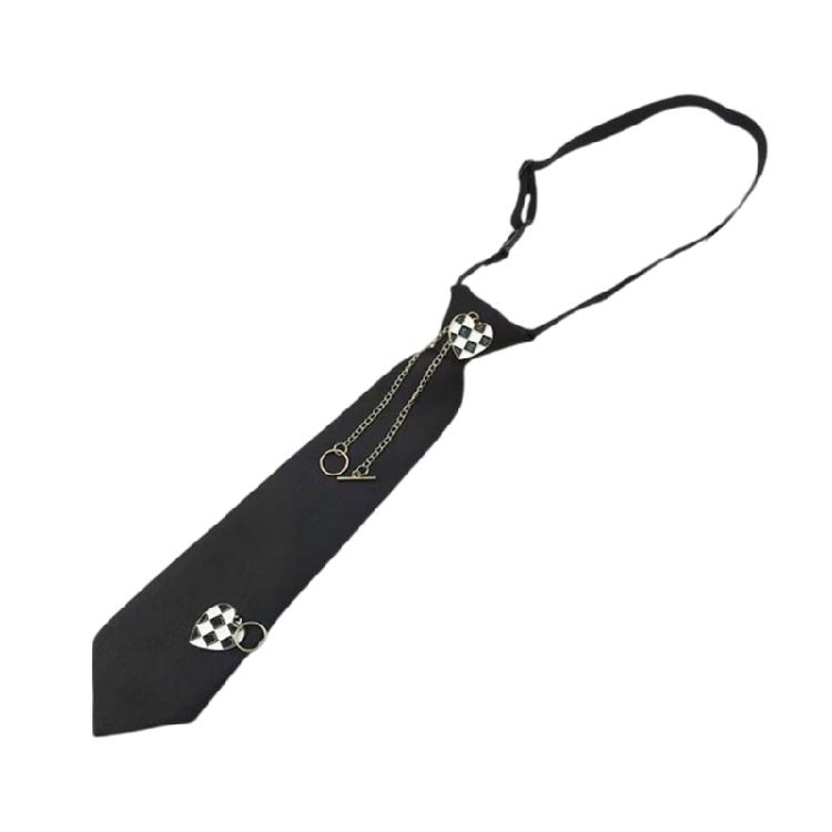Student Pre Tied Neck Ties Preepy Look Heart Pin Metal Chain Dark Tie Cravat Vintage Neck Wear Accessories