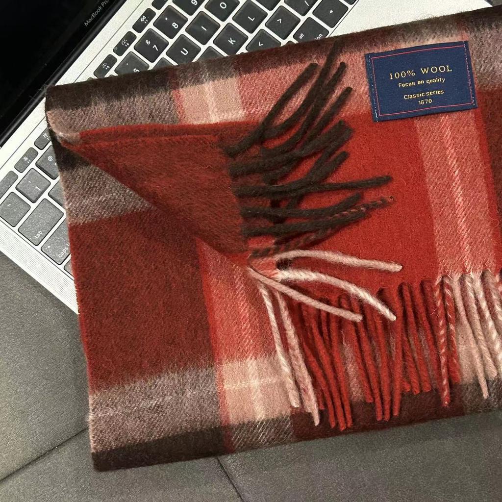 Xiaohongshu Popular Cherry Red New Year'S Red 100% Wool British Versatile Scarf Women'S And Men'S Cashmere Warm Scarf