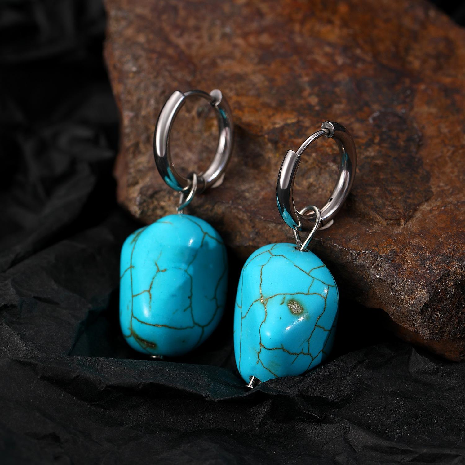 

2026 Дизайн Чувство Этнический Стиль Ручная Работа Синтетическая Бирюза Литературные Ретро Серьги Неправильной Формы Фабричные Серьги