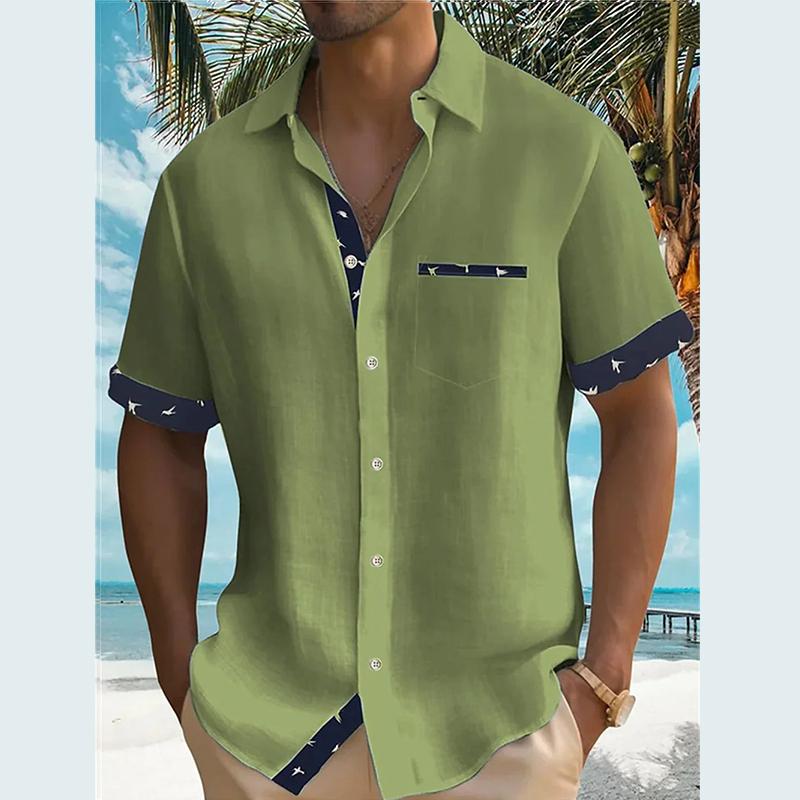 Summer New Men's Aloha Shirt Casual Fashion Street High Quality Short Sleeve Beach Holiday Party Men's Pocket Solid Shirt