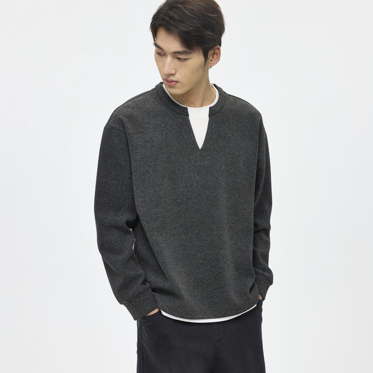 Men s Gray Faux Two-Piece Round Neck Henley Hoodie - 2025 Autumn/Winter Casual Pullover (No Hood) L