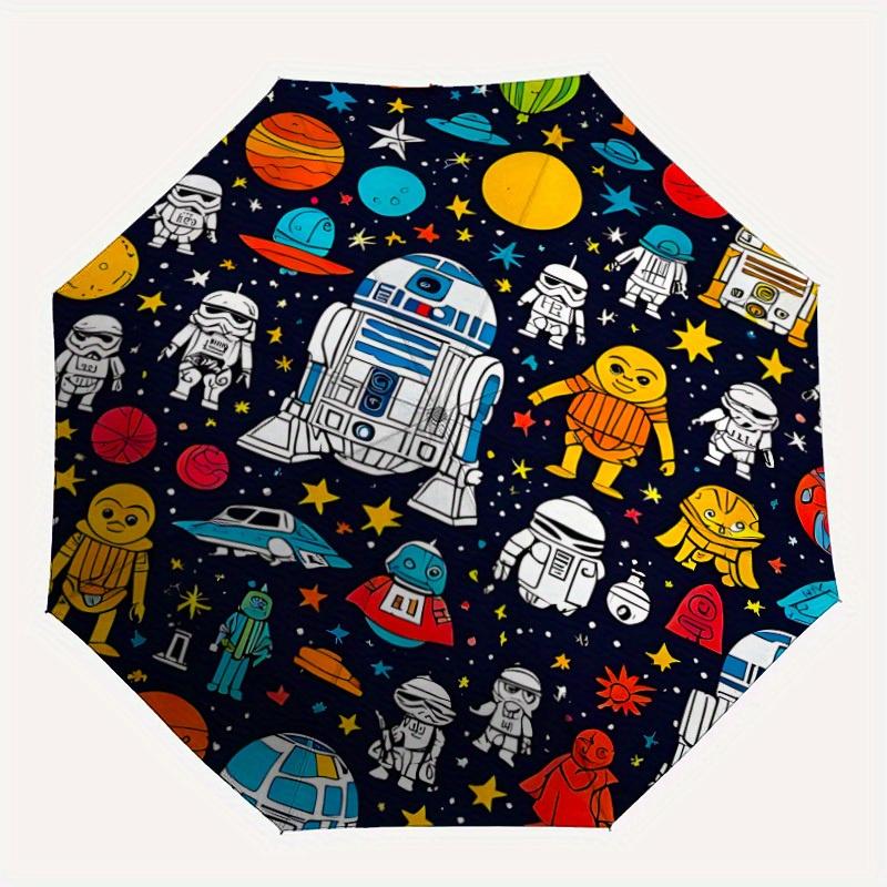 1pc Space Adventure Automatic Open/Close Umbrella with One-Touch Button, Compact Folding Canopy, Sturdy 8-Rib Windproof Design