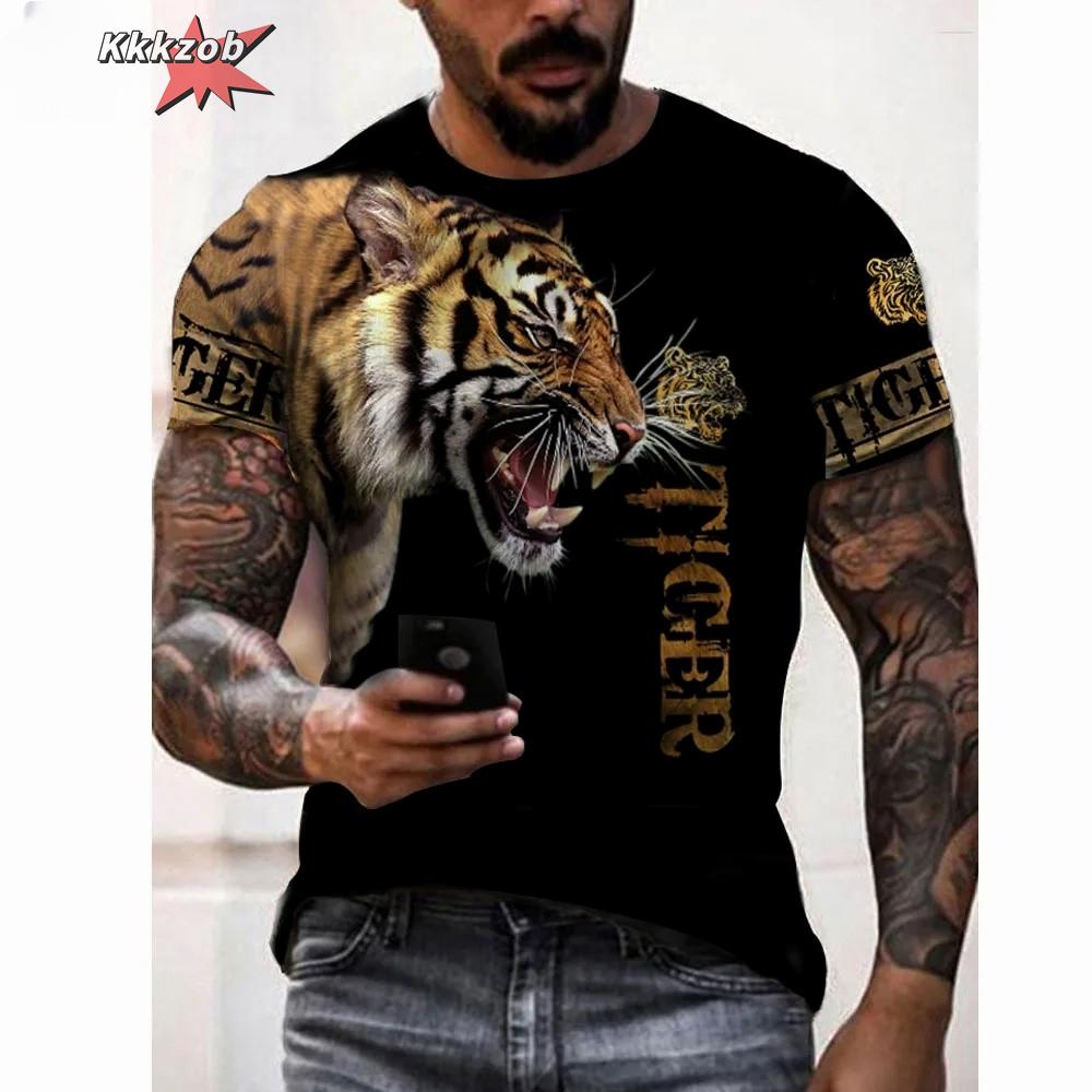 Fierce Tiger Animal Pattern Men's T-Shirts Short Sleeve 3D Animal Printed Trend Street Tee Oversized T Shirt Men Clothing Tops