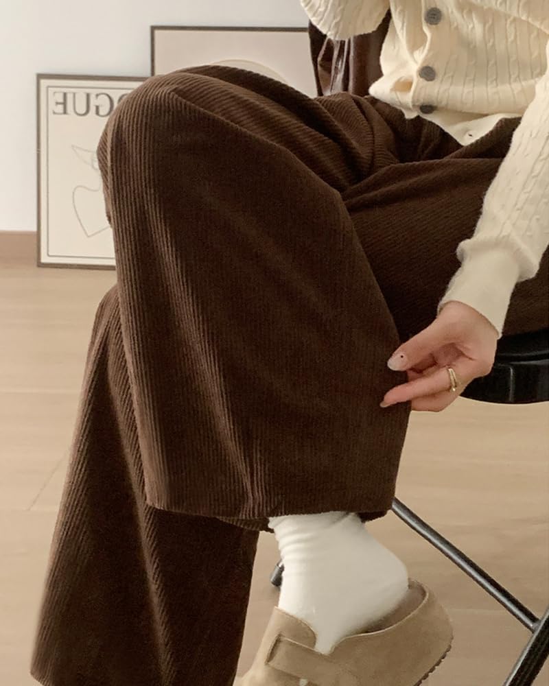 LUJPOIR Corduroy Perfect for Fall and Winter Solid Loose Casual Bottoms Women's Wide-Leg Pants, Commuting, Warm, Thick, Color, Flattering, Fit, -