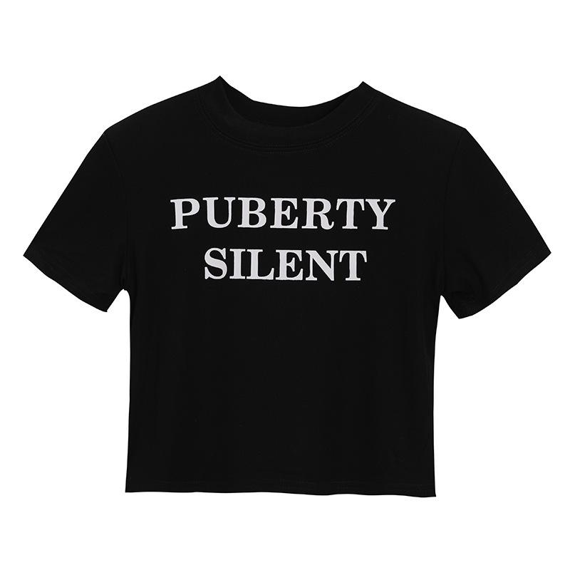 

Short-sleeved T-shirt, short bottoming shirt for women, thin and slim in spring and summer, white student top with European and American letters. S чёрный