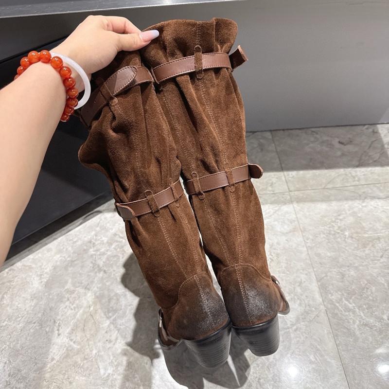 Fashion Vintage Pleated Belt Buckle Faux Suede Women Knee High Boots Autumn Winter Fashion High Heels Western Cowboy Knight Boots Shoes