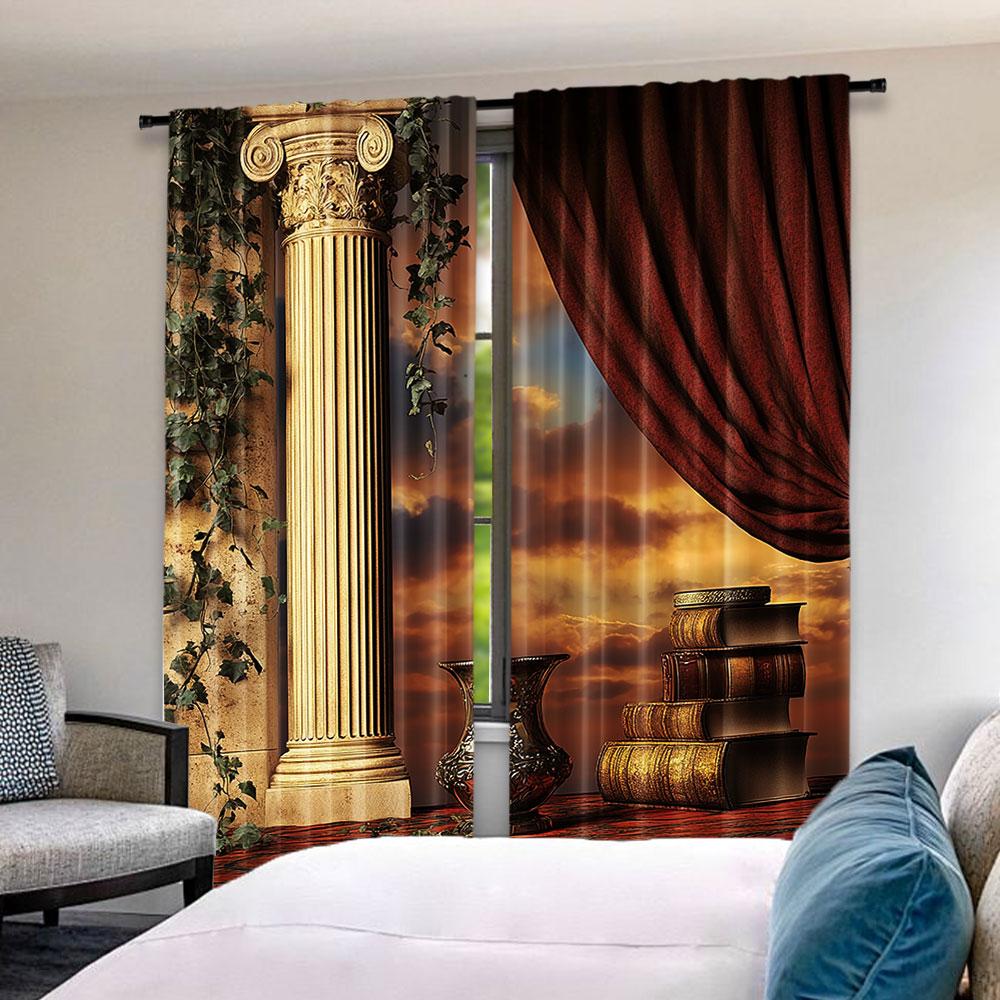2 Stuks Gotische Gordijnen Griekse Stijl Scène Zuilen Met Wijnranken En Rood Gordijn Zonsondergang Geschikt Voor Slaapkamer Badkamer Woonkamer