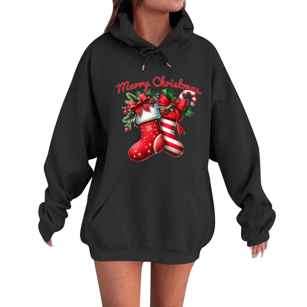 Women's Fashion Casual Long Sleeve Loose Christmas Print Hooded Sweatshirt