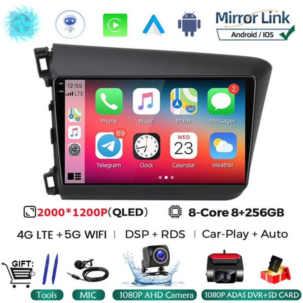 9" 2 Din Android 14 Car Radio for Honda Civic 2012 2013 2014 2015 Multimedia Player 2din Carplay Stereo GPS DVD Head Unit NO DVD