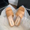 Women's Leather Slide Sandals Square-toe Block Heel Mules with Woven Strap for Summer Casual Wear