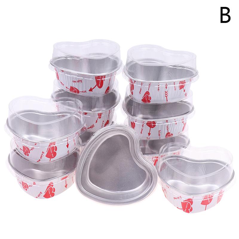 10Pcs/Set 100ML Heart Shaped Aluminum Foil Cake Pan Cupcake Cup with Lids Flan Baking Pans