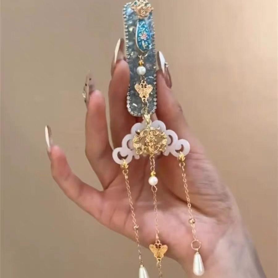 Azure Pendant | Cold Blue Flash Diamond Ruyi Tassel Hairpin New Chinese Cheongsam Imitation Jade Broken Hairpin Disc Hair