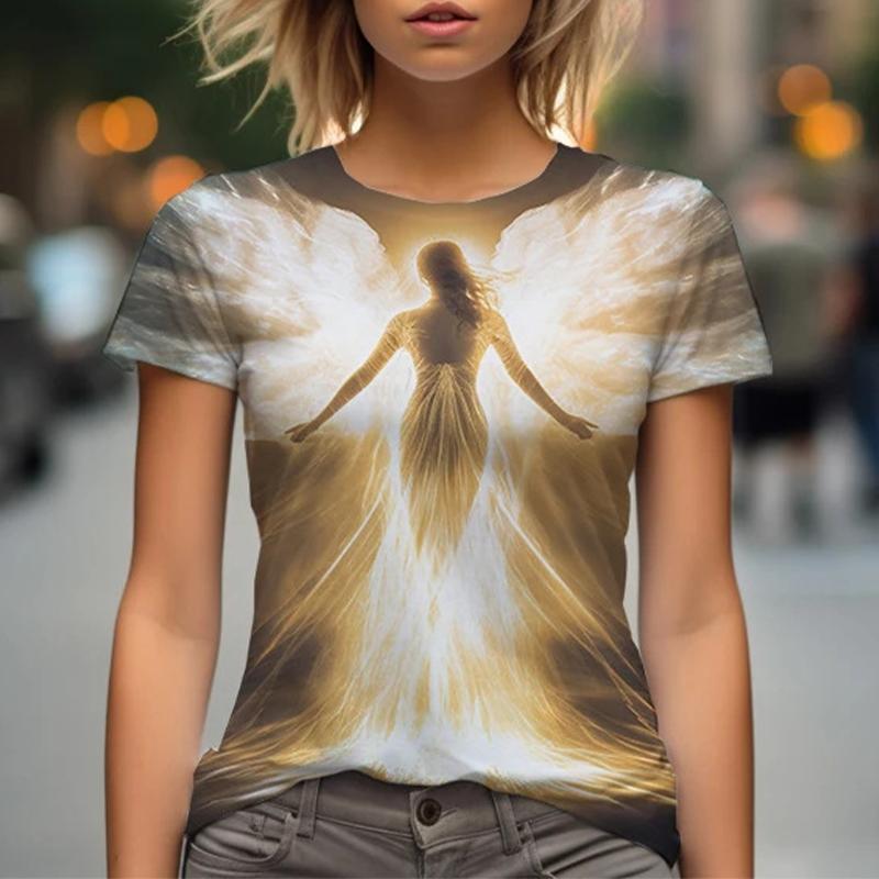 T-shirt da Donna con Stampa 3D Modello Angelo Estivo Moda Scollo a O Manica Corta T-shirt Y2k Harajuku Magliette Top Casual Abbigliamento Femminile