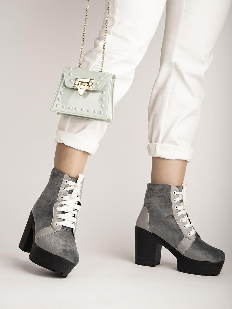 Shoetopia Damen Chunky Heel Kurze Stiefeletten mit rutschfester Sohle, Bequeme Trendige Knöchelboots | Weiche Gepolsterte Sohle | Lässig, Party & Winter