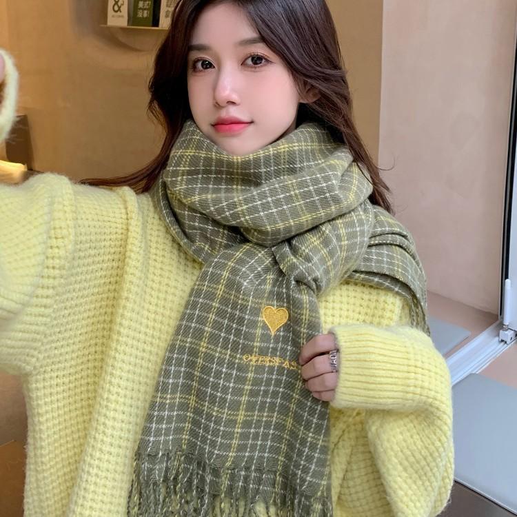 Love Beige Plaid Scarf Women's Autumn and Winter New Korean Style Student Imitation Cashmere Shawl Two Purpose Scarf