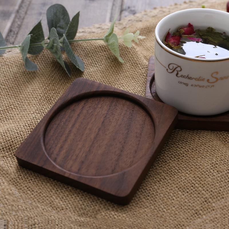 Black Walnut Solid Wood Square Coaster for Coffee Cups and Teapots, Unpainted with Logo.
