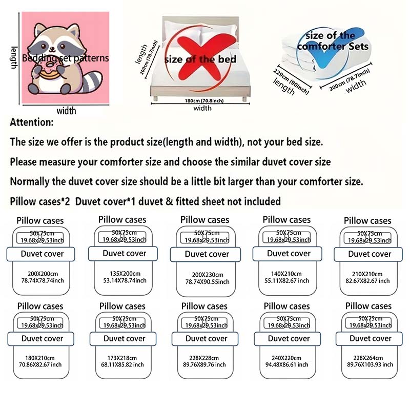 3Pcs Cute Raccoon Holding Pink Donut Duvet Cover Set With 3D Printing Design Soft Polyester Bedding Set All-Season Comfort