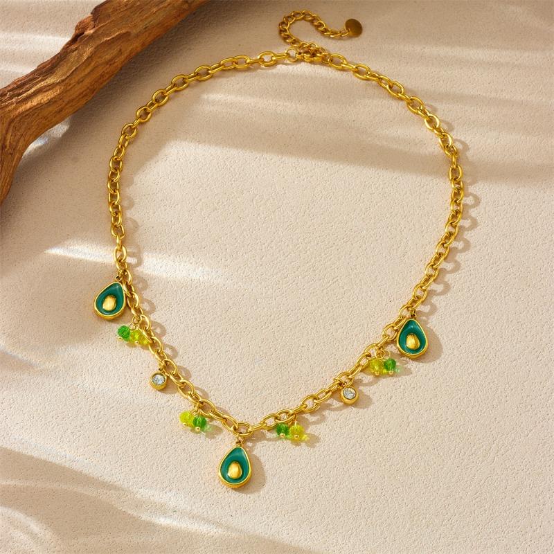 

Gold Plated Avocado Enamel Charm Necklace for Women Stainless Steel with Green Crystal Beads зелёный