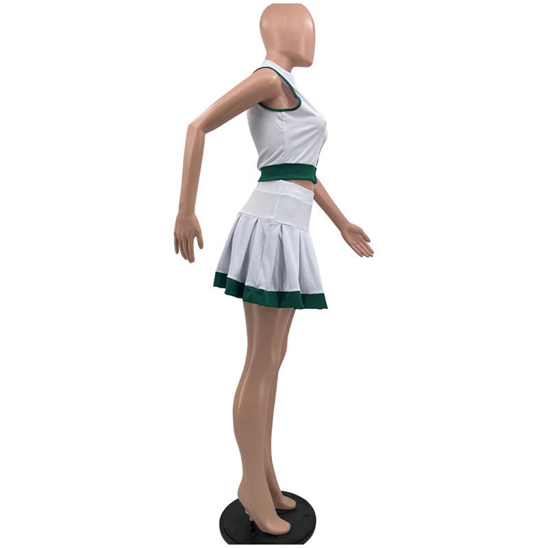 Fashion Casual Contrast Color Stitching Pleated Short Skirt Ladies Two-piece Summer Sports Stitching Ladies Suit High Street