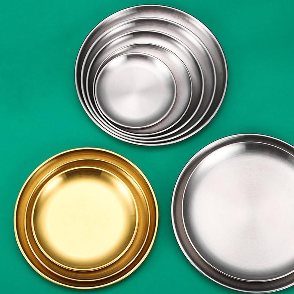 4-Piece Stainless Steel Dinner Plates Round Metal Plates Serving Tray Dessert Plates Dinner Dish for Home Camping  BBQ