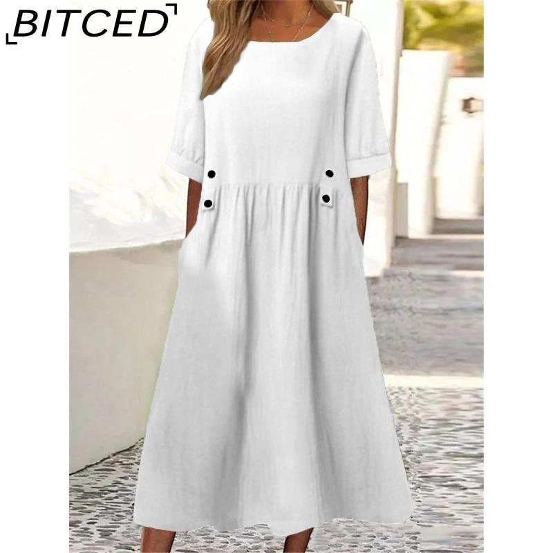 

BITCED Loose Fit Midi Dress Double Pockets Button Decoration Round Neck Short Sleeve Summer Boho Workwear Dress S