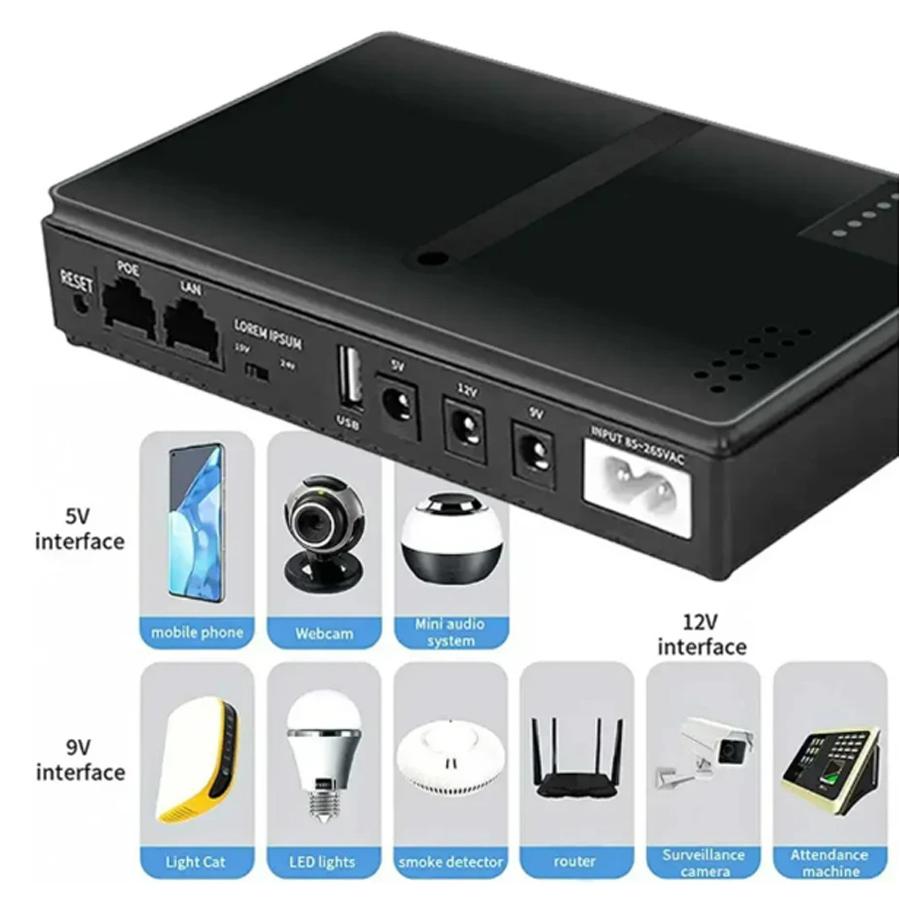 DC UPS Battery Backup 8800/10400mAh 5V 9V 12V 2A 15V 24V 1A Output Uninterruptible Power Supply 85‑265V UPS Battery Backup