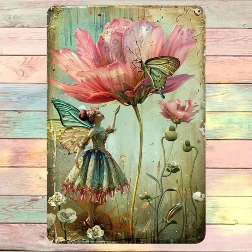 Vintage Fairy Butterfly Flower Metal Wall Art Sign