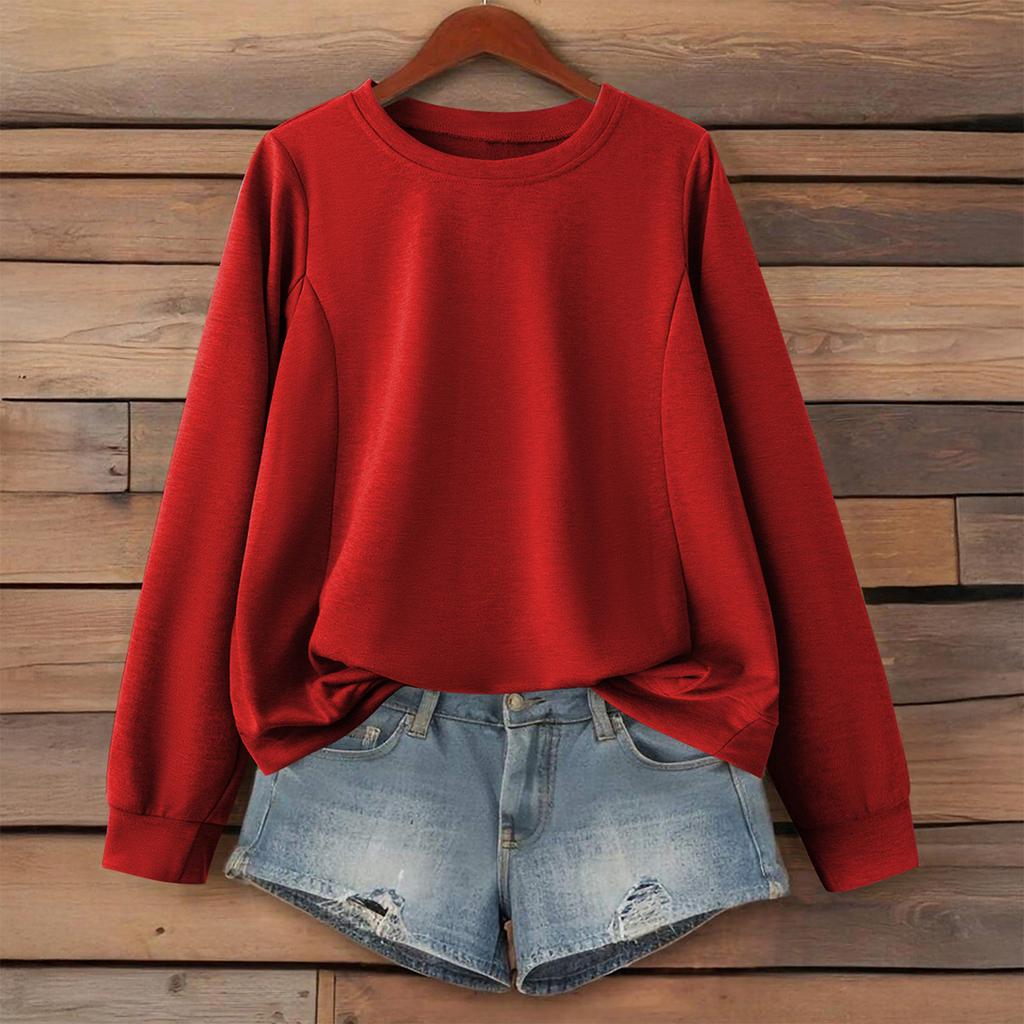 Women's Fashionable Solid Color Round Neck Long Sleeved Sports Casual Pullover Sweatshirt Top