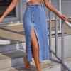 Damen High Waist Midi Rock Gerader Schnitt Seitlicher Knopfschlitz Eleganter Britischer Stil Jeansrock