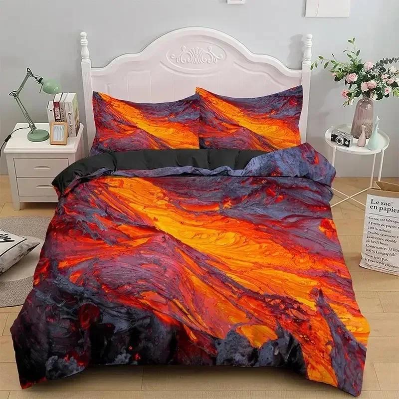 Top Volcano Duvet Cover Set King Size Disaster Pattern Red Yellow Comforter Cover Microfiber Lava Bedding Set