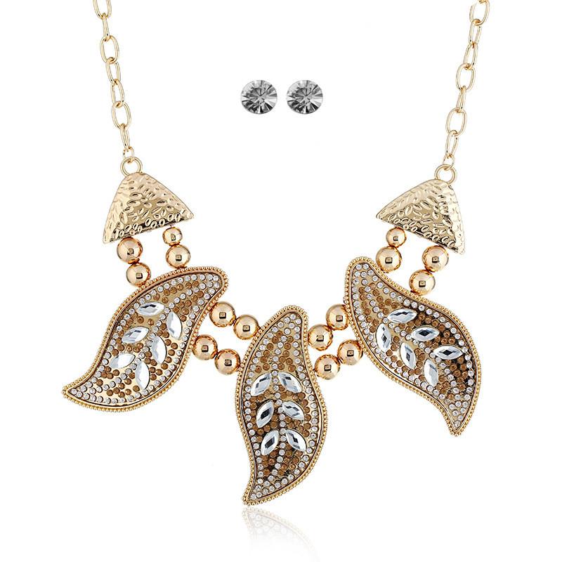 Leaf Necklace Vintage Set With Rhinestone Decor And Geometric Style For Women