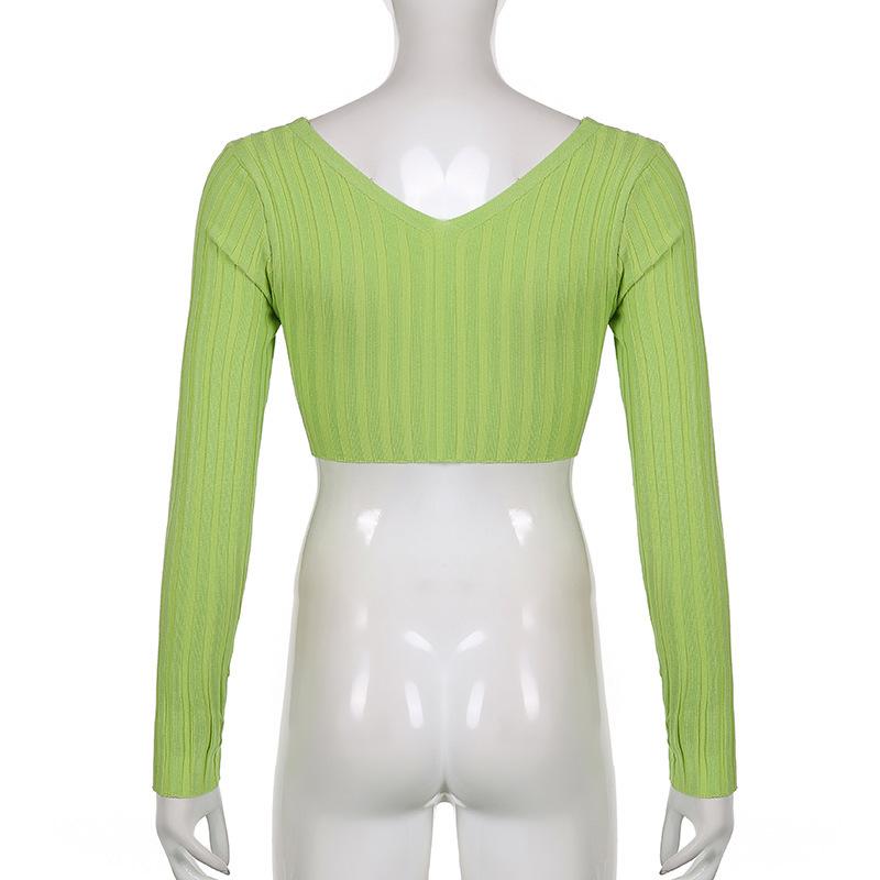 Knitted Cropped Sweaters Women Chain V Neck Long Sleeve Cardigan Tops Pullovers Oversized Clothes Solid S-L