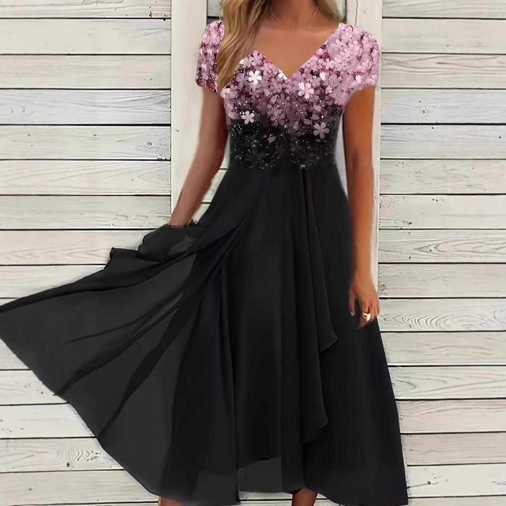 Women's V Neck Short Sleeve Midi Dress Loose Fit Mid Rise Casual Floral Print Chiffon Party Dress