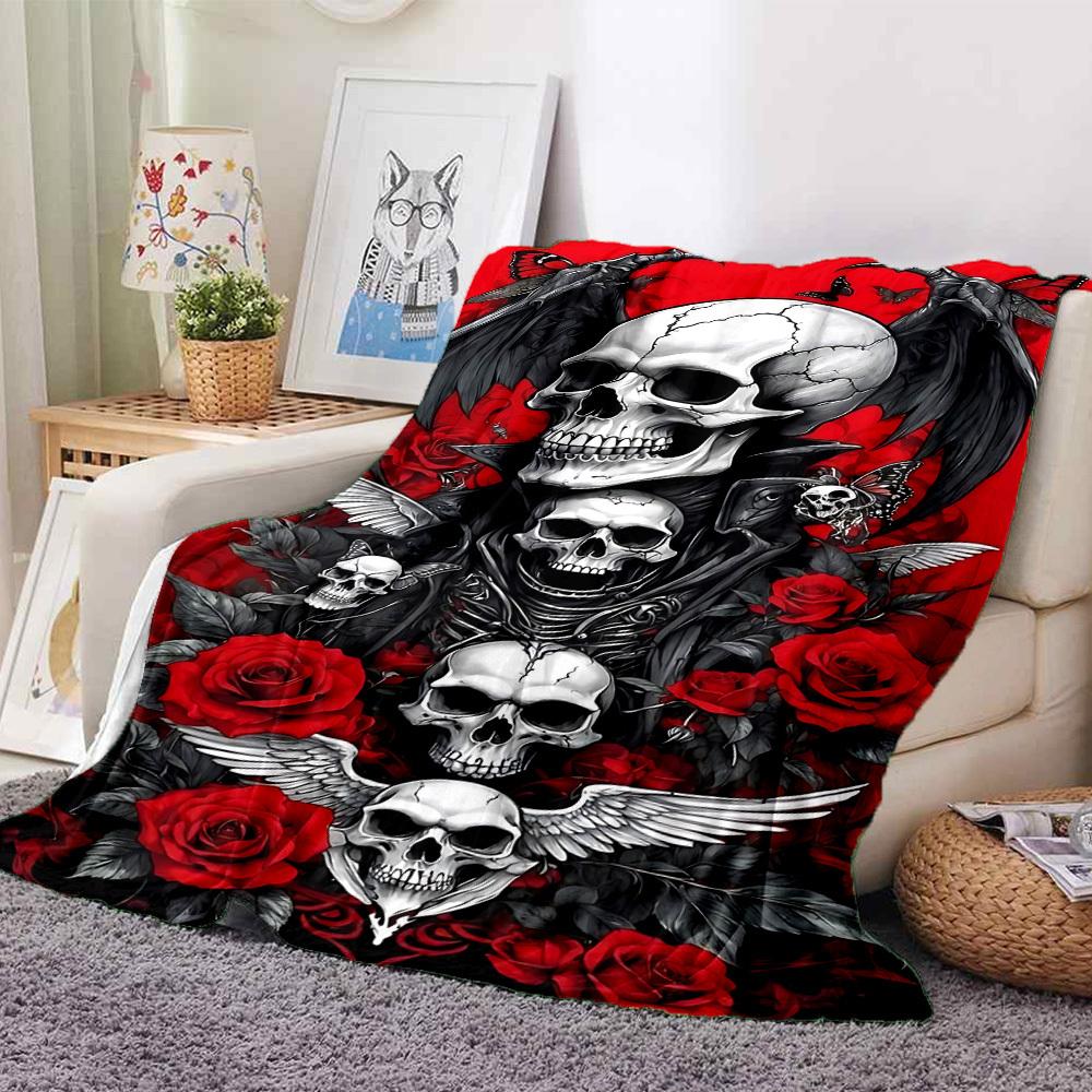 1pc Skull Roses Blanket, Lightweight Flannel Throw For Sofa, Bed, Travel, Camping, Livingroom, Office, Couch, Chair, And Bed,